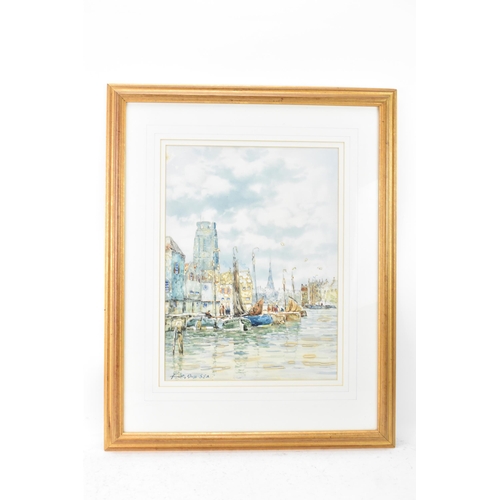 199 - John Hamilton Glass - A watercolour depicting a Dutch canal scene with moored boats and figures, sig... 