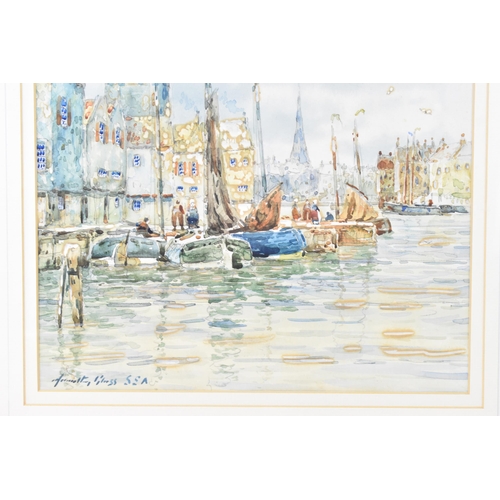 199 - John Hamilton Glass - A watercolour depicting a Dutch canal scene with moored boats and figures, sig... 