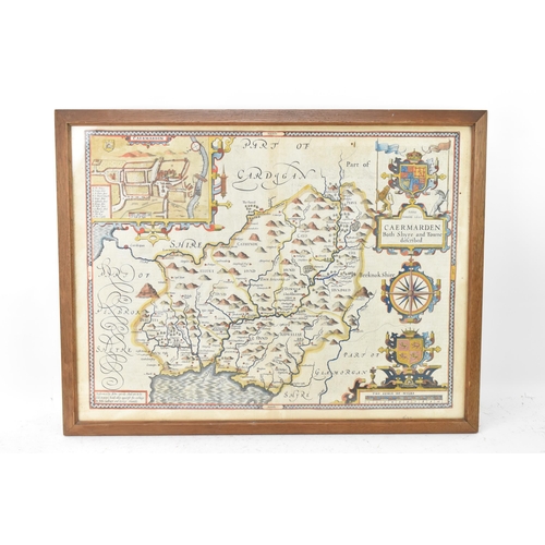 200 - A John Speed 17th century coloured copper engraved map, circa 1610 - entitled in cartouche 'Caermard... 