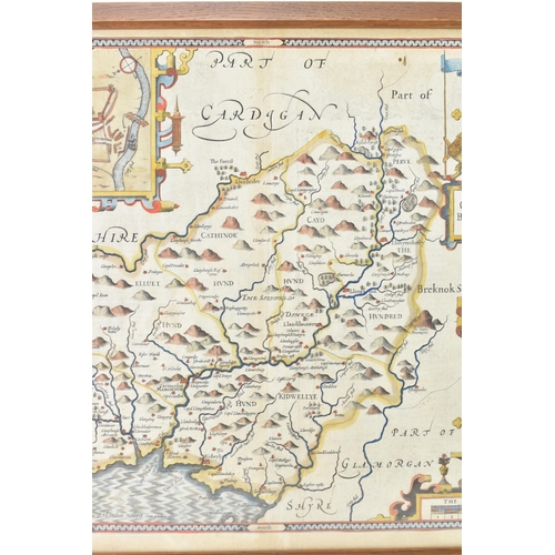 200 - A John Speed 17th century coloured copper engraved map, circa 1610 - entitled in cartouche 'Caermard... 