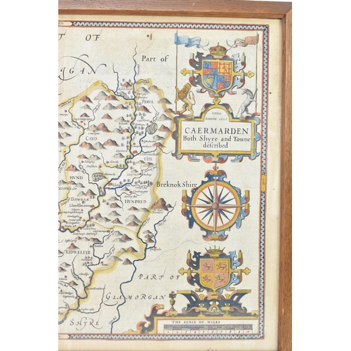 200 - A John Speed 17th century coloured copper engraved map, circa 1610 - entitled in cartouche 'Caermard... 