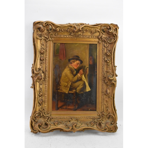 202 - A 19th century oil on canvas depicting an interior scene of a seated boy reading, inscribed to the r... 