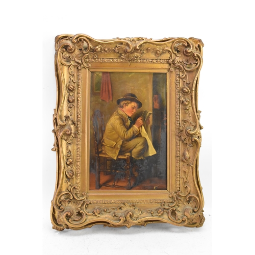 202 - A 19th century oil on canvas depicting an interior scene of a seated boy reading, inscribed to the r... 