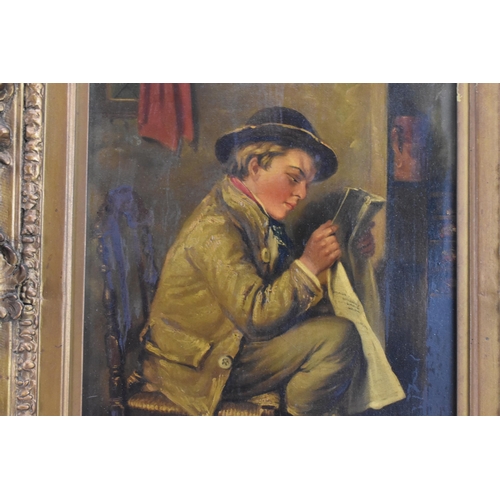 202 - A 19th century oil on canvas depicting an interior scene of a seated boy reading, inscribed to the r... 