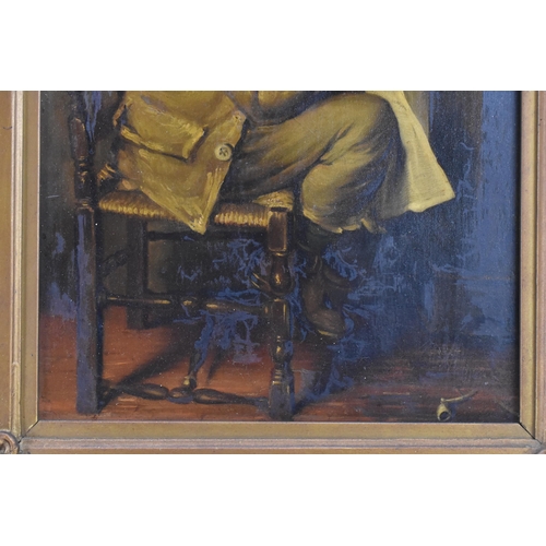 202 - A 19th century oil on canvas depicting an interior scene of a seated boy reading, inscribed to the r... 