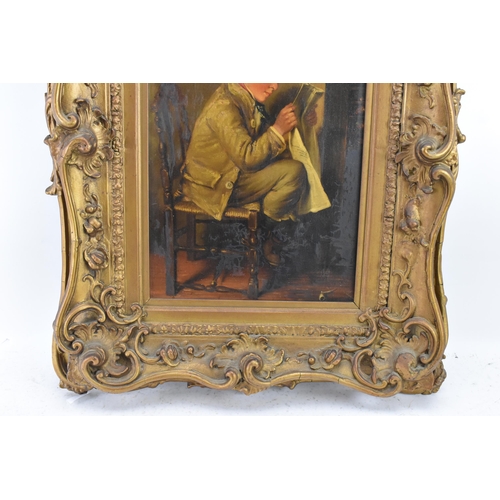 202 - A 19th century oil on canvas depicting an interior scene of a seated boy reading, inscribed to the r... 