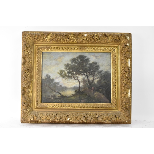 203 - A 19th century oil on board depicting a river landscape scene with figure to the foreground, unsigne... 