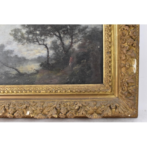 203 - A 19th century oil on board depicting a river landscape scene with figure to the foreground, unsigne... 