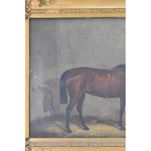 205 - A mid 19th century oil on canvas study of a horse in a stable, indistinctly signed to the lower left... 