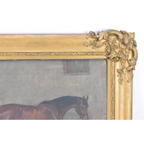 205 - A mid 19th century oil on canvas study of a horse in a stable, indistinctly signed to the lower left... 