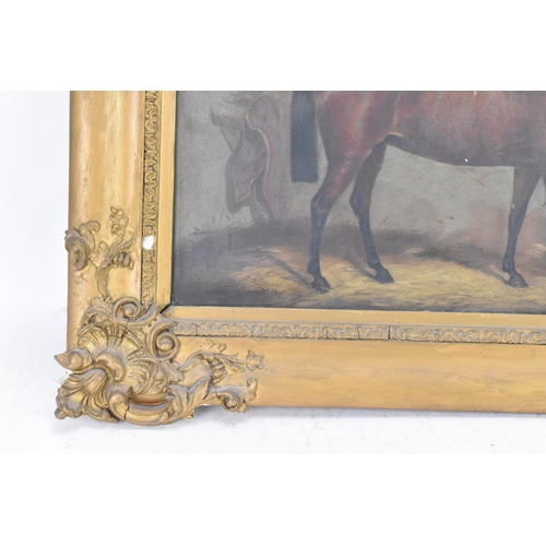 205 - A mid 19th century oil on canvas study of a horse in a stable, indistinctly signed to the lower left... 