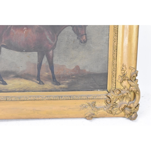 205 - A mid 19th century oil on canvas study of a horse in a stable, indistinctly signed to the lower left... 