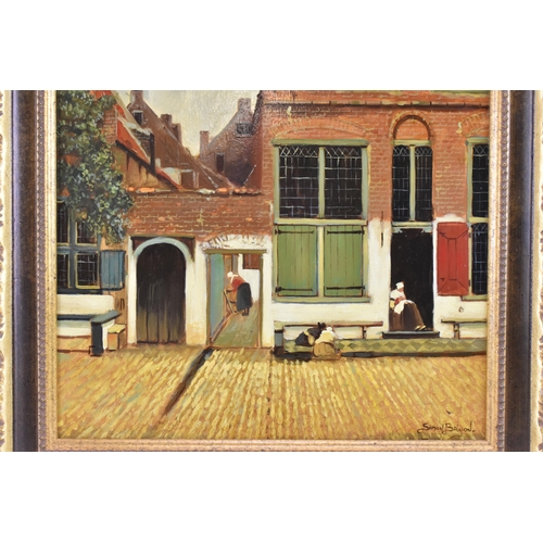 206 - Simon Balyon (B.1965) An oil on board depicting a Dutch scene of figures and buildings, signed to th... 