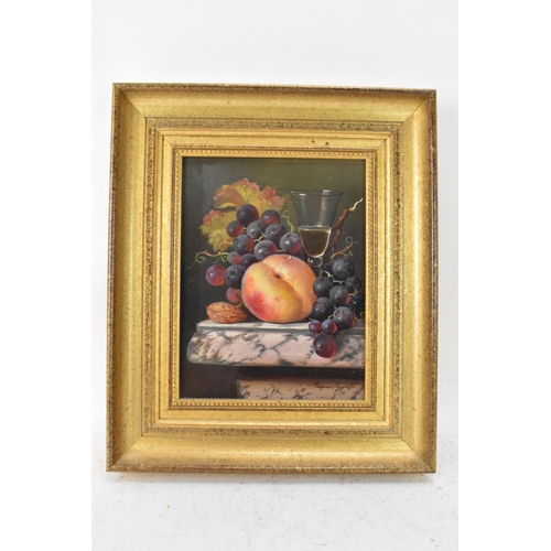 213 - Raymond Campbell (B.1956) - An oil on board still life depicting fruit and a wine glass, signed to t... 