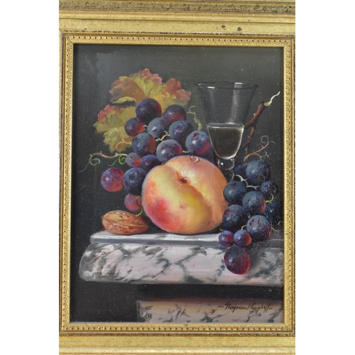 213 - Raymond Campbell (B.1956) - An oil on board still life depicting fruit and a wine glass, signed to t... 