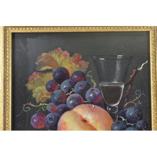 213 - Raymond Campbell (B.1956) - An oil on board still life depicting fruit and a wine glass, signed to t... 