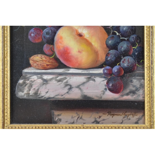 213 - Raymond Campbell (B.1956) - An oil on board still life depicting fruit and a wine glass, signed to t... 