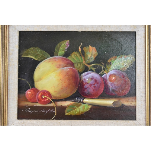 214 - Raymond Campbell (B.1956) - An oil on board still life depicting fruit and a knife, signed to the lo... 