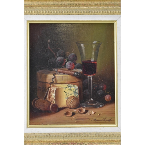 215 - Raymond Campbell (B.1956) - An oil on board still life depicting grapes, cheese, wine glass, nuts an... 