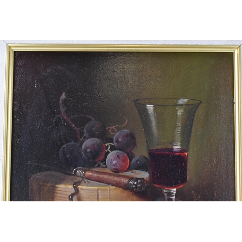 215 - Raymond Campbell (B.1956) - An oil on board still life depicting grapes, cheese, wine glass, nuts an... 