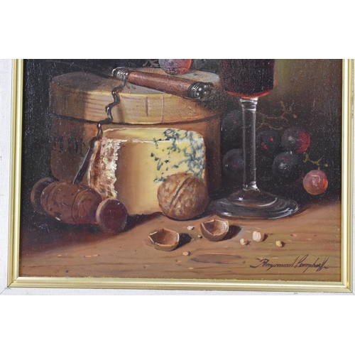 215 - Raymond Campbell (B.1956) - An oil on board still life depicting grapes, cheese, wine glass, nuts an... 