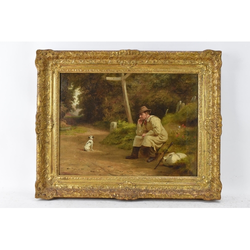 216 - Richard Hollingdale (1850-1899) - An oil on canvas depicting a seated gentleman with a dog in a wood... 