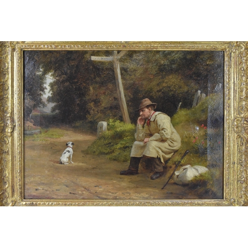 216 - Richard Hollingdale (1850-1899) - An oil on canvas depicting a seated gentleman with a dog in a wood... 