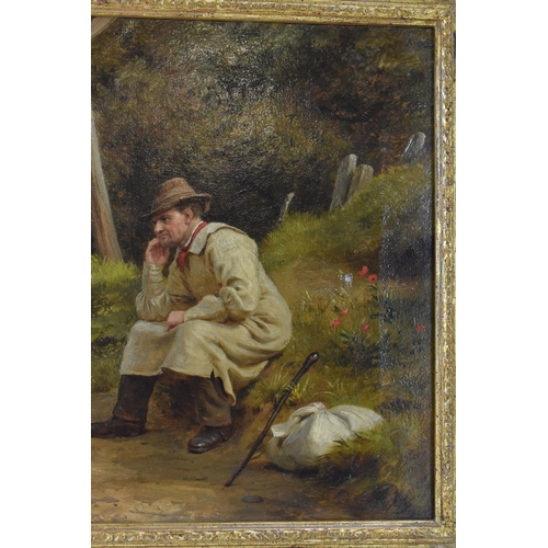 216 - Richard Hollingdale (1850-1899) - An oil on canvas depicting a seated gentleman with a dog in a wood... 