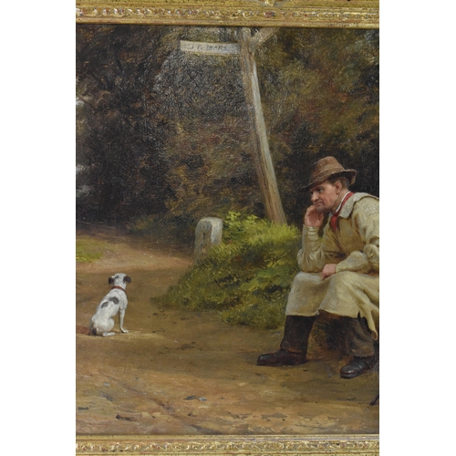 216 - Richard Hollingdale (1850-1899) - An oil on canvas depicting a seated gentleman with a dog in a wood... 