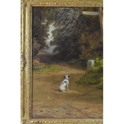 216 - Richard Hollingdale (1850-1899) - An oil on canvas depicting a seated gentleman with a dog in a wood... 