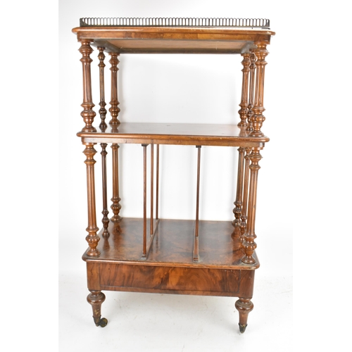 226 - A Victorian figured burr walnut three tier whatnot, having a gilt metal gallery top above three tier... 