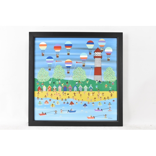 238 - Gordon Barker (contemporary Devon artist), acrylic on board, depicting a beach scene with hot air ba... 