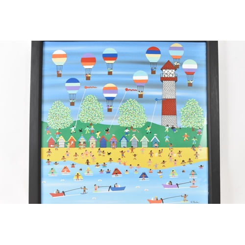 238 - Gordon Barker (contemporary Devon artist), acrylic on board, depicting a beach scene with hot air ba... 