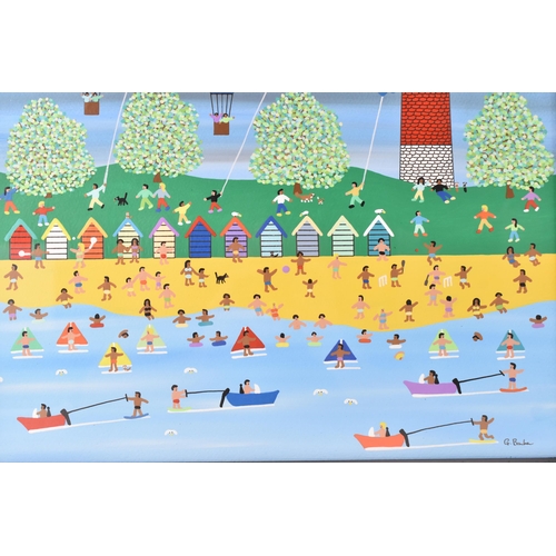 238 - Gordon Barker (contemporary Devon artist), acrylic on board, depicting a beach scene with hot air ba... 