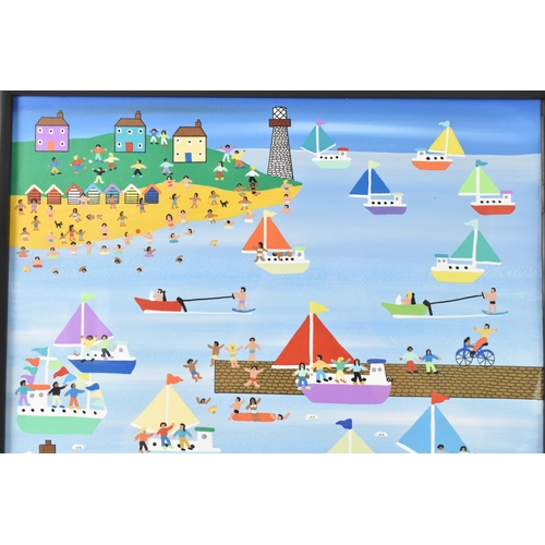 240 - Gordon Barker (contemporary Devon artist), acrylic on board, depicting a seaside beach scene with a ... 