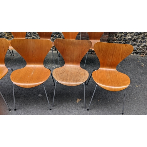 243 - Fritz Hansen - designed by Arne Jacobsen, a set of eleven '3107' stacking chairs, layered plywood ra... 