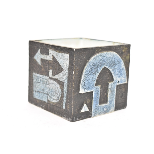 25 - A Troika pottery cube vase, by Honor Curtis, circa 1969-73, with relief and incised decoration to ea... 