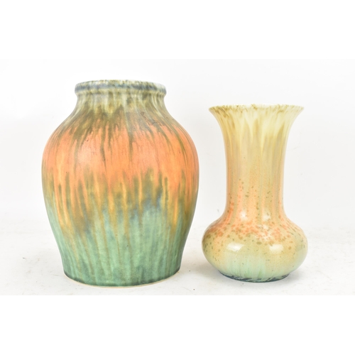 270 - Ruskin 1930s, a studio pottery jug and trumpet vase, each with multi-coloured trailing glazes, impre... 