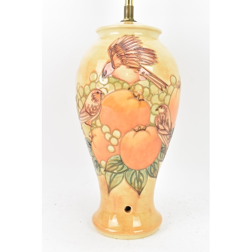 4 - A Moorcroft pottery 'Finches Ochre' pattern table lamp, designed by Sally Tuffin, circa 1990, of bal... 