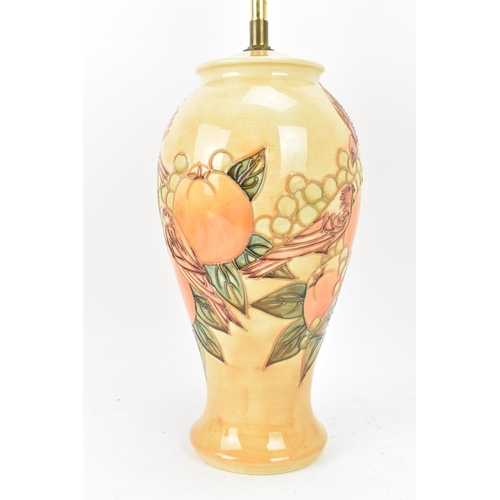 4 - A Moorcroft pottery 'Finches Ochre' pattern table lamp, designed by Sally Tuffin, circa 1990, of bal... 