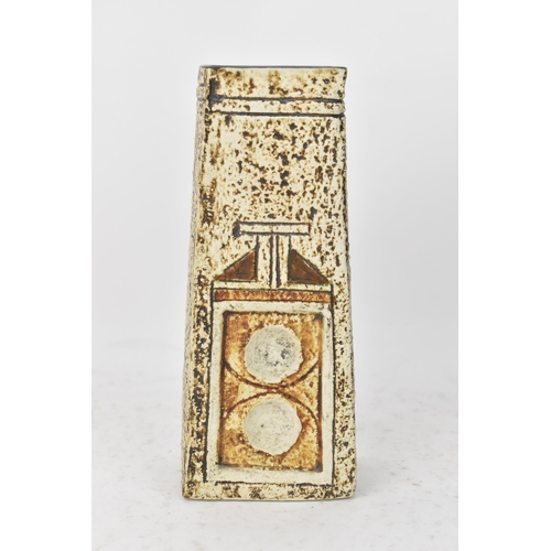 50 - A Troika coffin vase by Jane Fitzgerald, the four tapering sides with incised geometric designs, sig... 