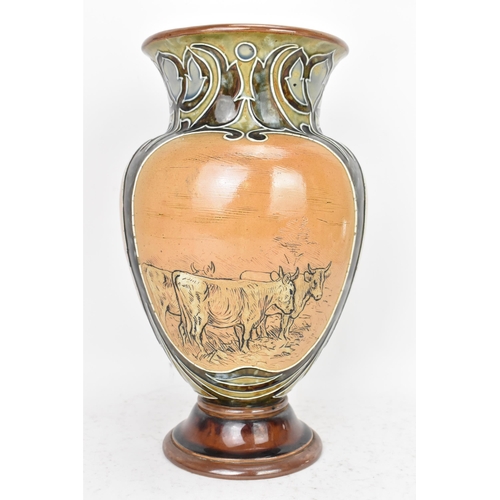 51 - An early 20th century Royal Doulton baluster vase by Hannah Barlow, decorated with three panels inci... 