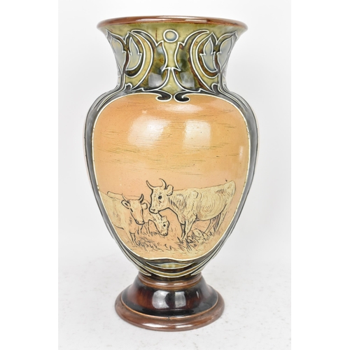 51 - An early 20th century Royal Doulton baluster vase by Hannah Barlow, decorated with three panels inci... 