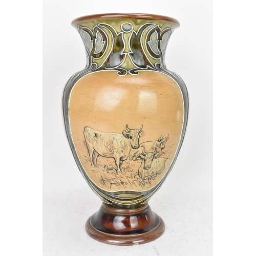 51 - An early 20th century Royal Doulton baluster vase by Hannah Barlow, decorated with three panels inci... 