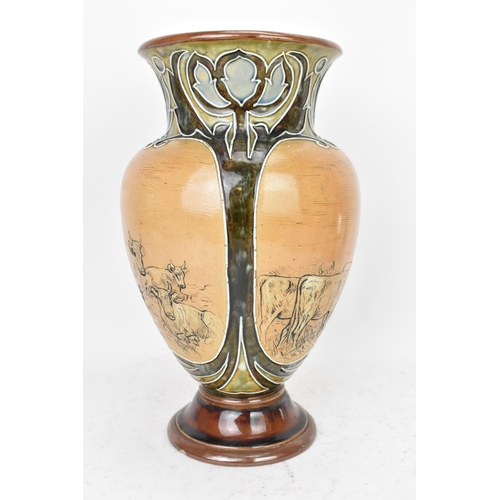 51 - An early 20th century Royal Doulton baluster vase by Hannah Barlow, decorated with three panels inci... 