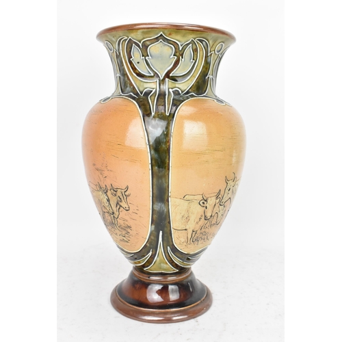 51 - An early 20th century Royal Doulton baluster vase by Hannah Barlow, decorated with three panels inci... 