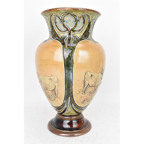 51 - An early 20th century Royal Doulton baluster vase by Hannah Barlow, decorated with three panels inci... 