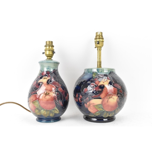 6 - Two Moorcroft pottery 'Finches and Fruit' pattern table lamps, designed by Sally Tuffin, each of bal... 