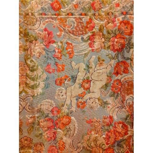 389 - A mid 20th Century plush machine embroidered Belgium cotton bed cover/wall covering depicting cherub... 