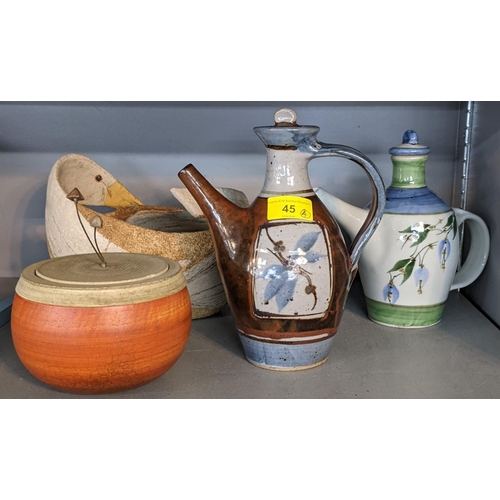 40 - Studio pottery to include two wine flasks, a lidded pot and bowl in the shape of a duck
Location:1.1